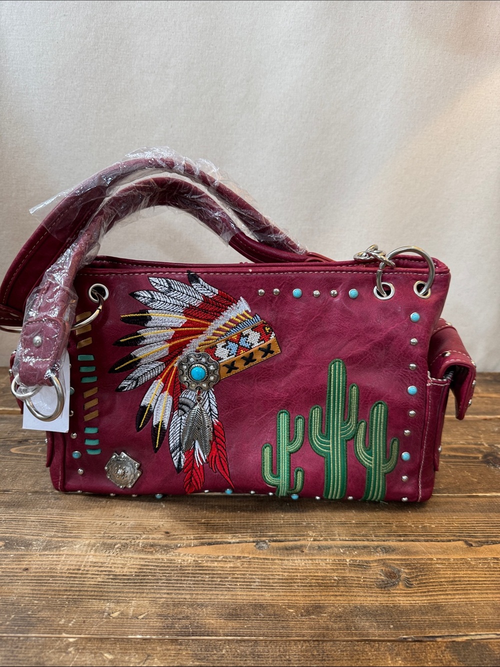 Embroidered Burgundy Western Handbag with Cactus & Headdress Detail